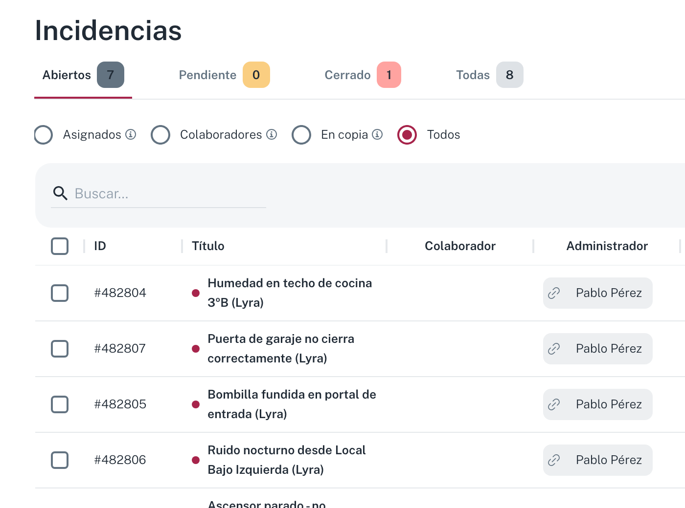 El listado de Incidencias con las pestañas Abiertos, Pendiente, Cerrado y Todas, y los filtros Asignados, Colaboradores, En copia y Todos