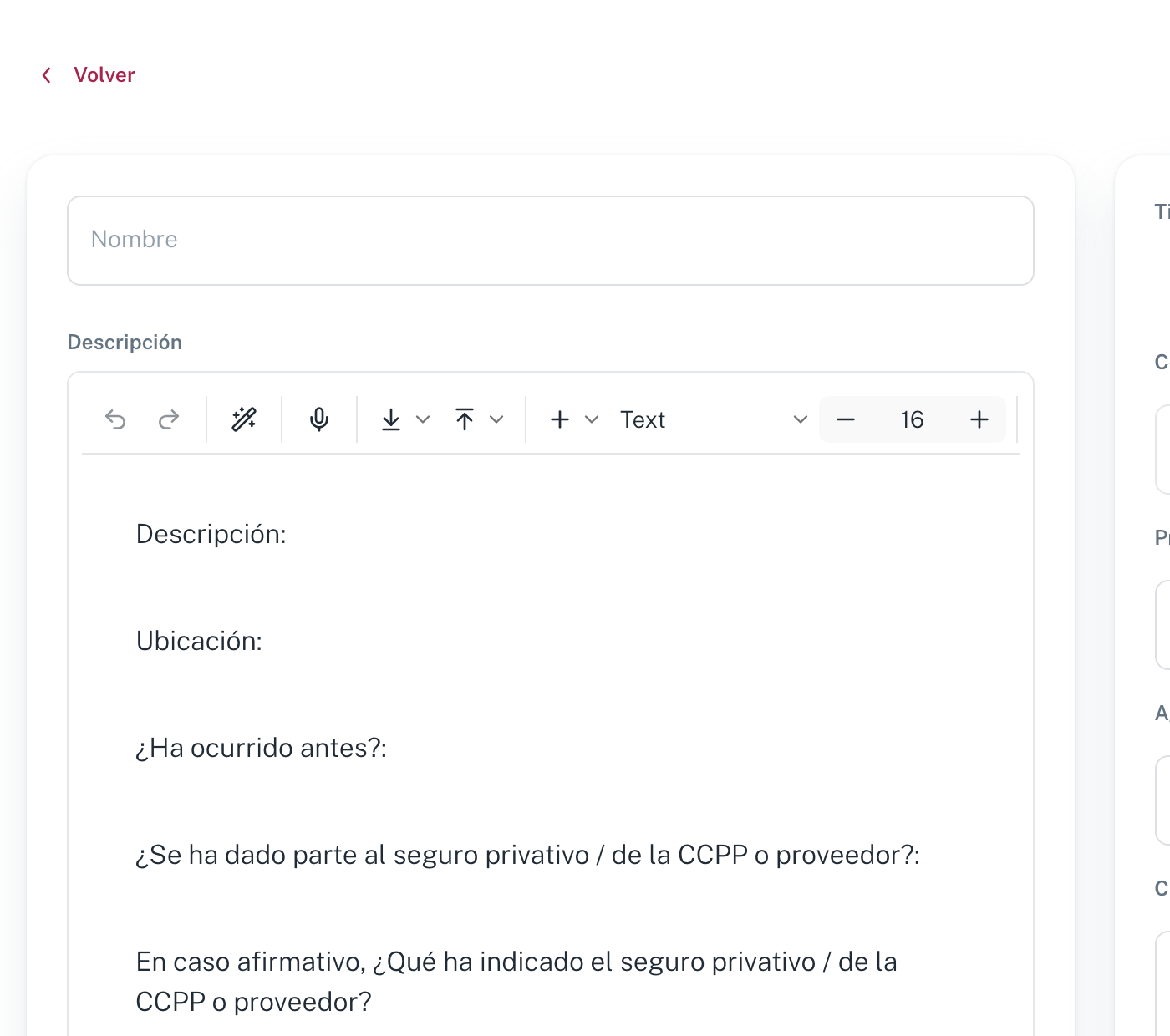 El formulario de alta de una incidencia