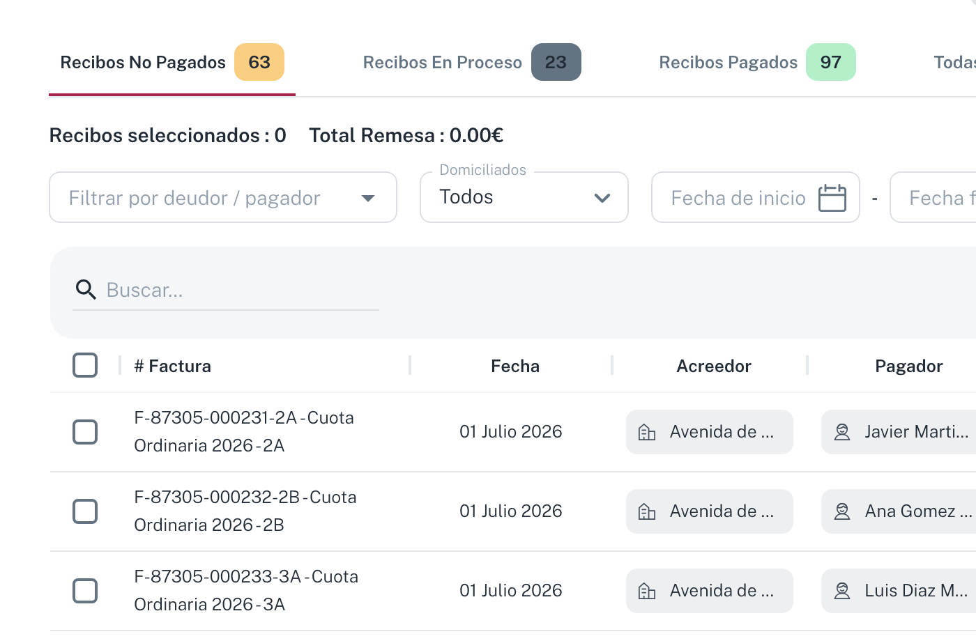 Las pestañas de Ingresos con el contador de cada estado y los filtros de la tabla