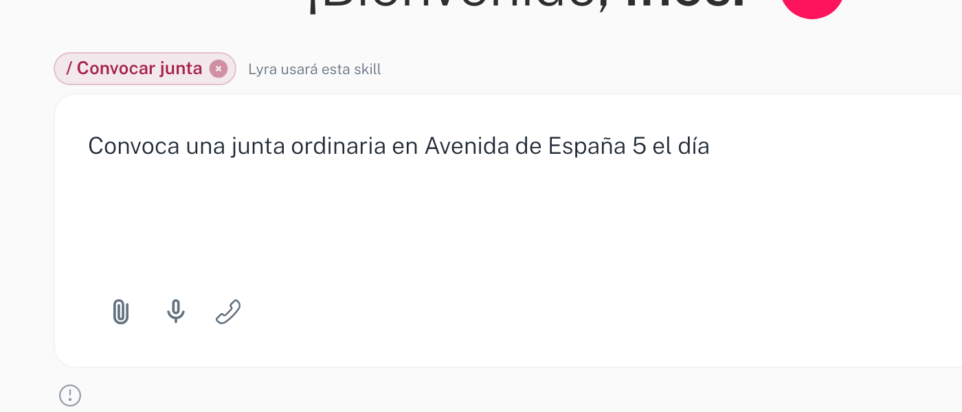 El chat de la IA con la habilidad Convocar junta ya elegida y el prompt empezado