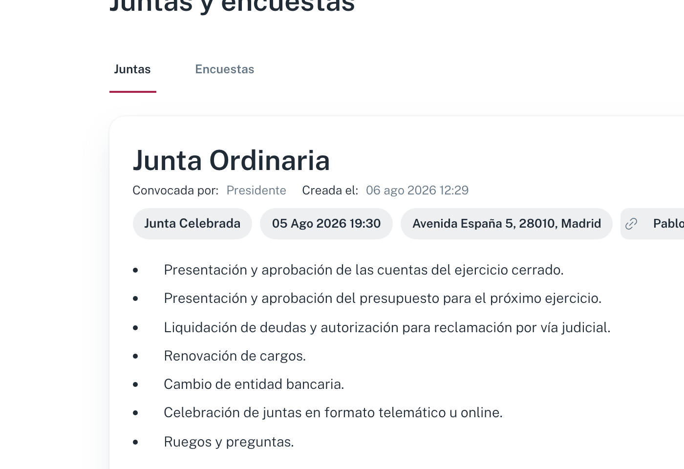 El listado con las pestañas Juntas y Encuestas: cada junta es una tarjeta con su etiqueta de etapa, la fecha, el lugar y los puntos del orden del día