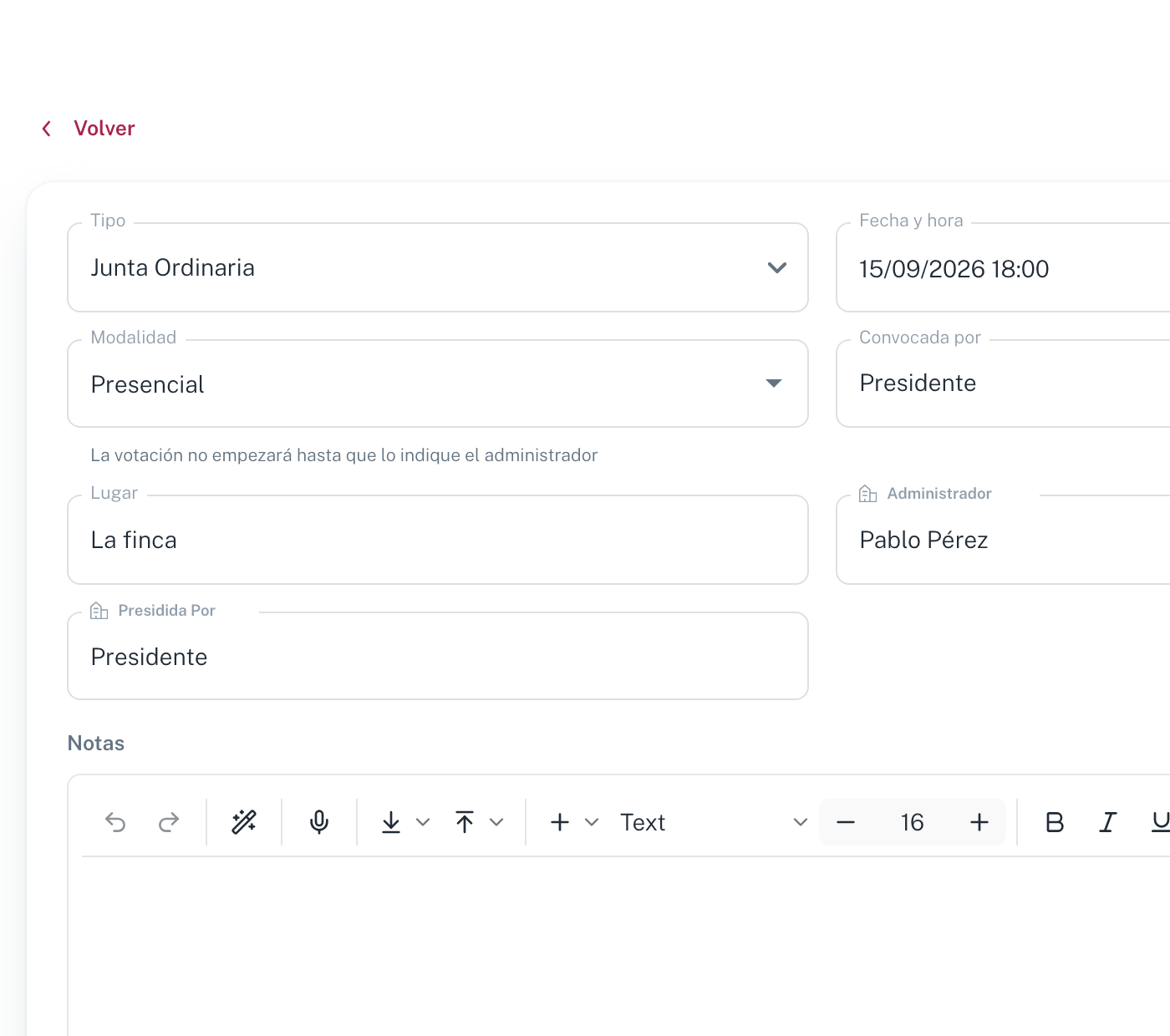 El formulario de creación: Tipo, Fecha y hora, Modalidad, Lugar, Convocada por, Administrador, Presidida Por y el editor de Notas