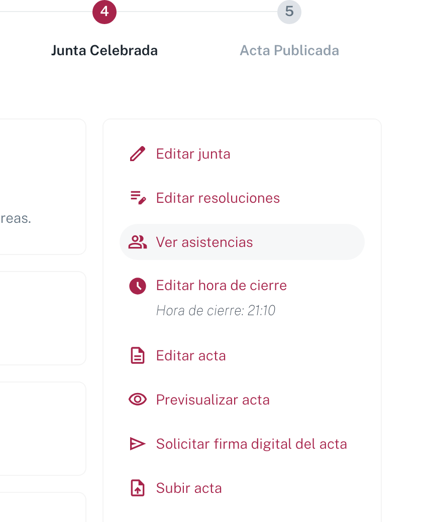 El panel lateral en Junta Celebrada, con Editar junta, Editar resoluciones, Ver asistencias, Editar hora de cierre, Editar acta, Previsualizar acta, Solicitar firma digital del acta y Subir acta