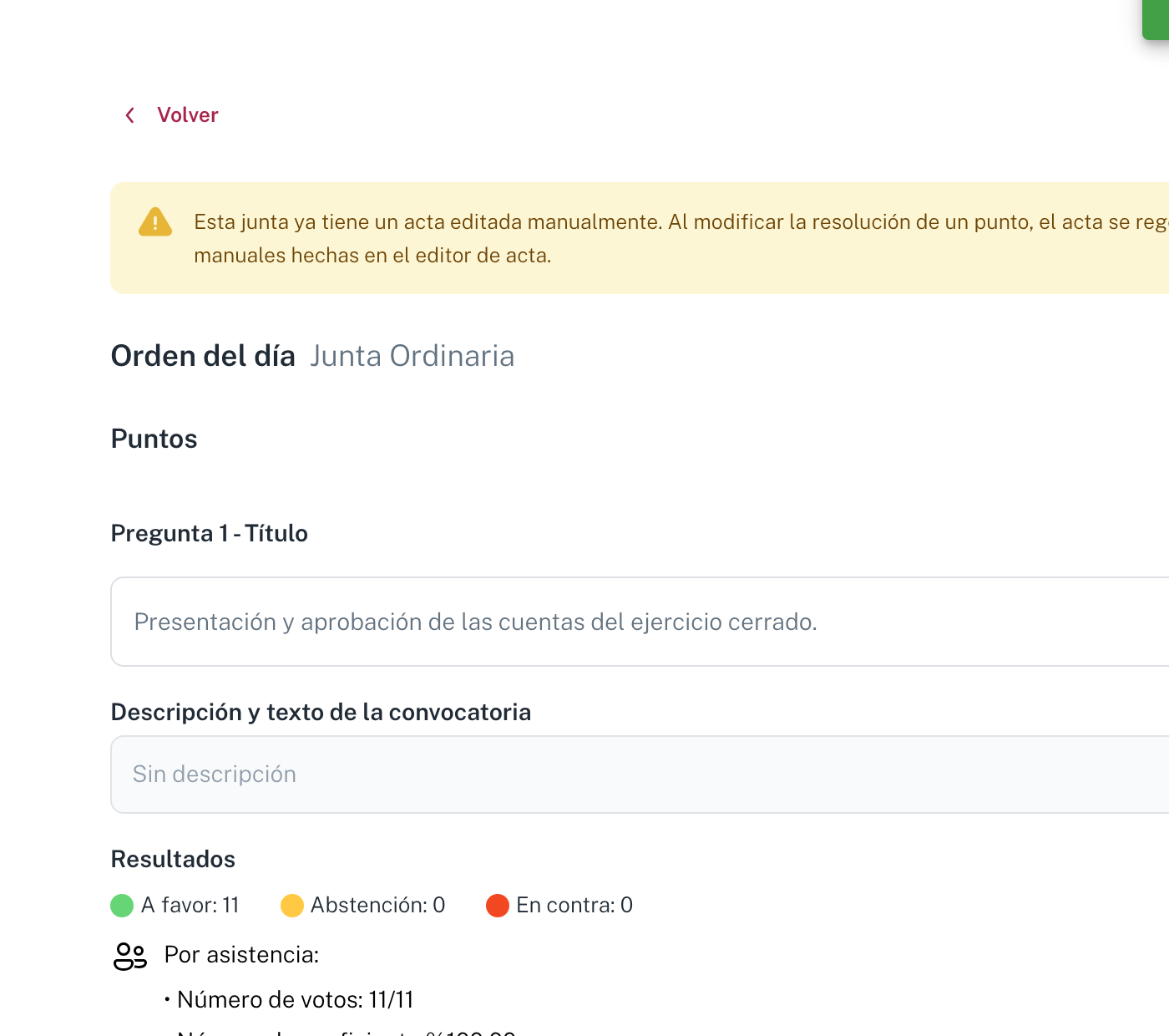 El editor del orden del día: cada punto con su Título, la Descripción y texto de la convocatoria y, si ya se votó, el bloque Resultados con A favor / Abstención / En contra y el recuento por asistencia