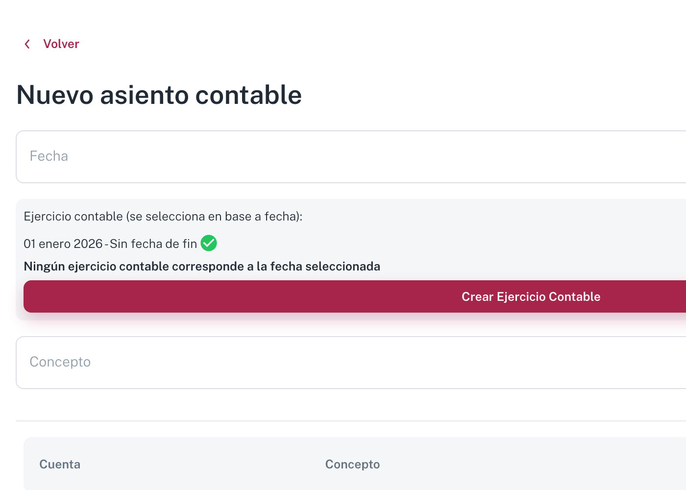 La página Nuevo asiento contable: la Fecha, el aviso del ejercicio que le corresponde, el Concepto y la tabla de líneas con Cuenta y Concepto