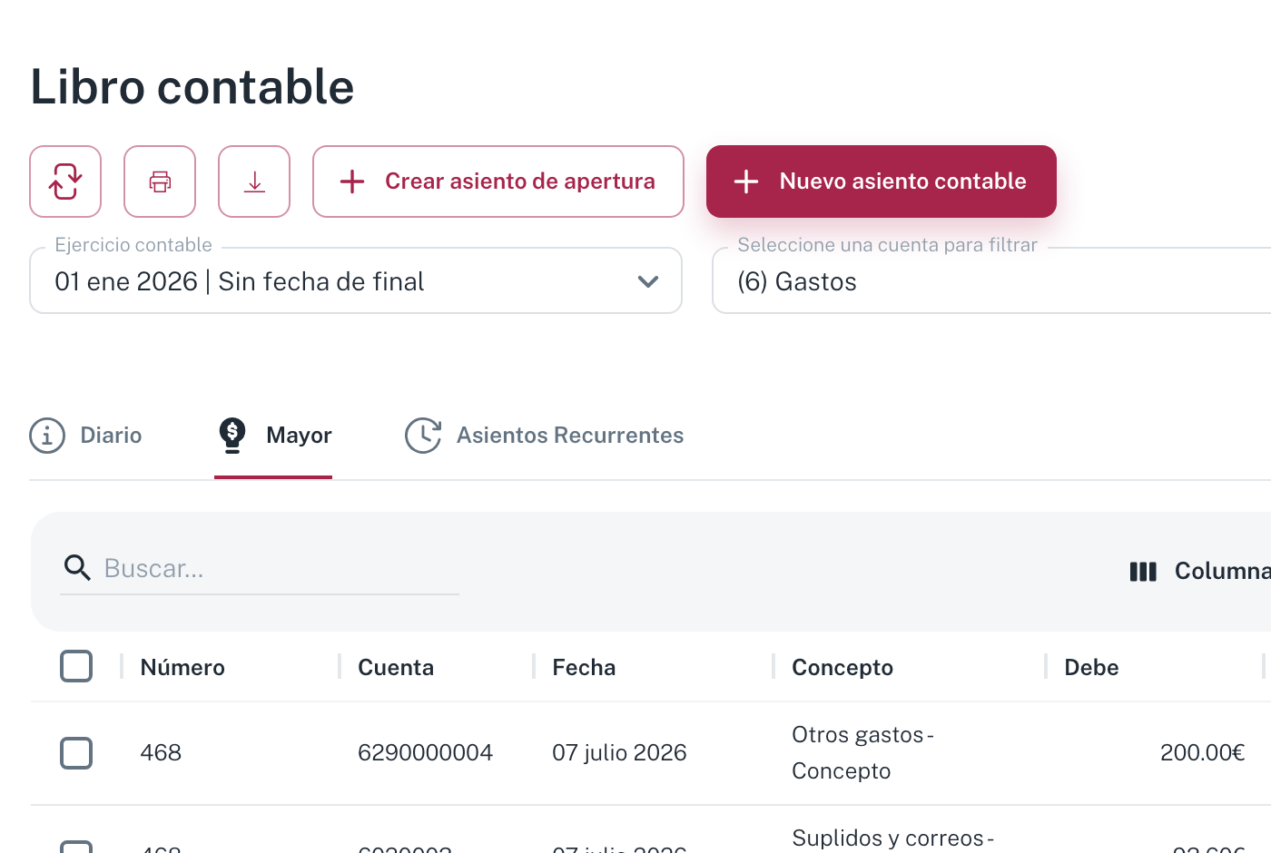 La pestaña Mayor del libro contable
