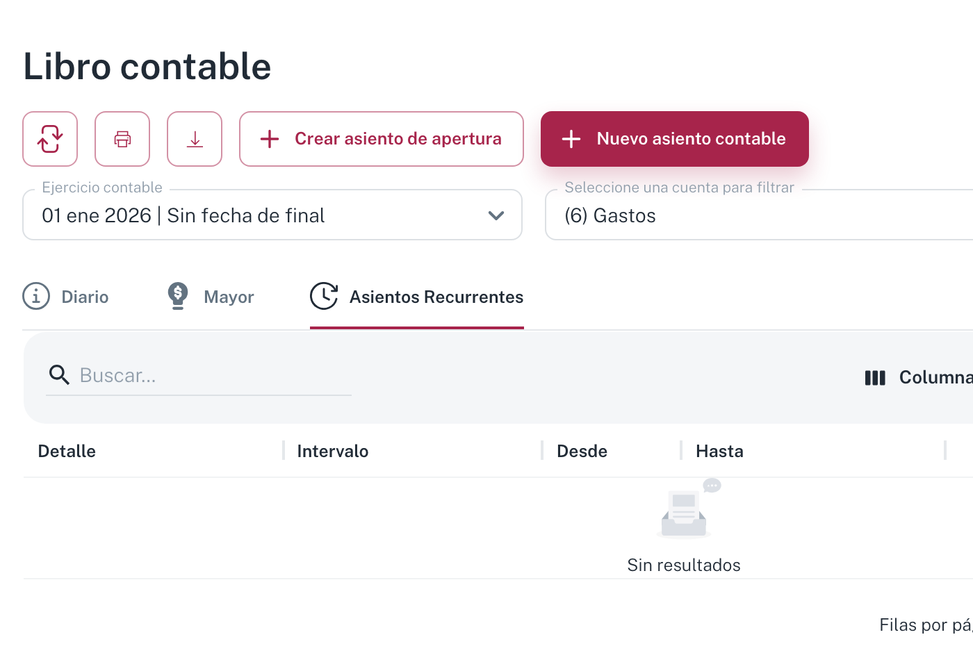 La pestaña Asientos Recurrentes, con las columnas Detalle, Intervalo, Desde, Hasta, Total y Acciones