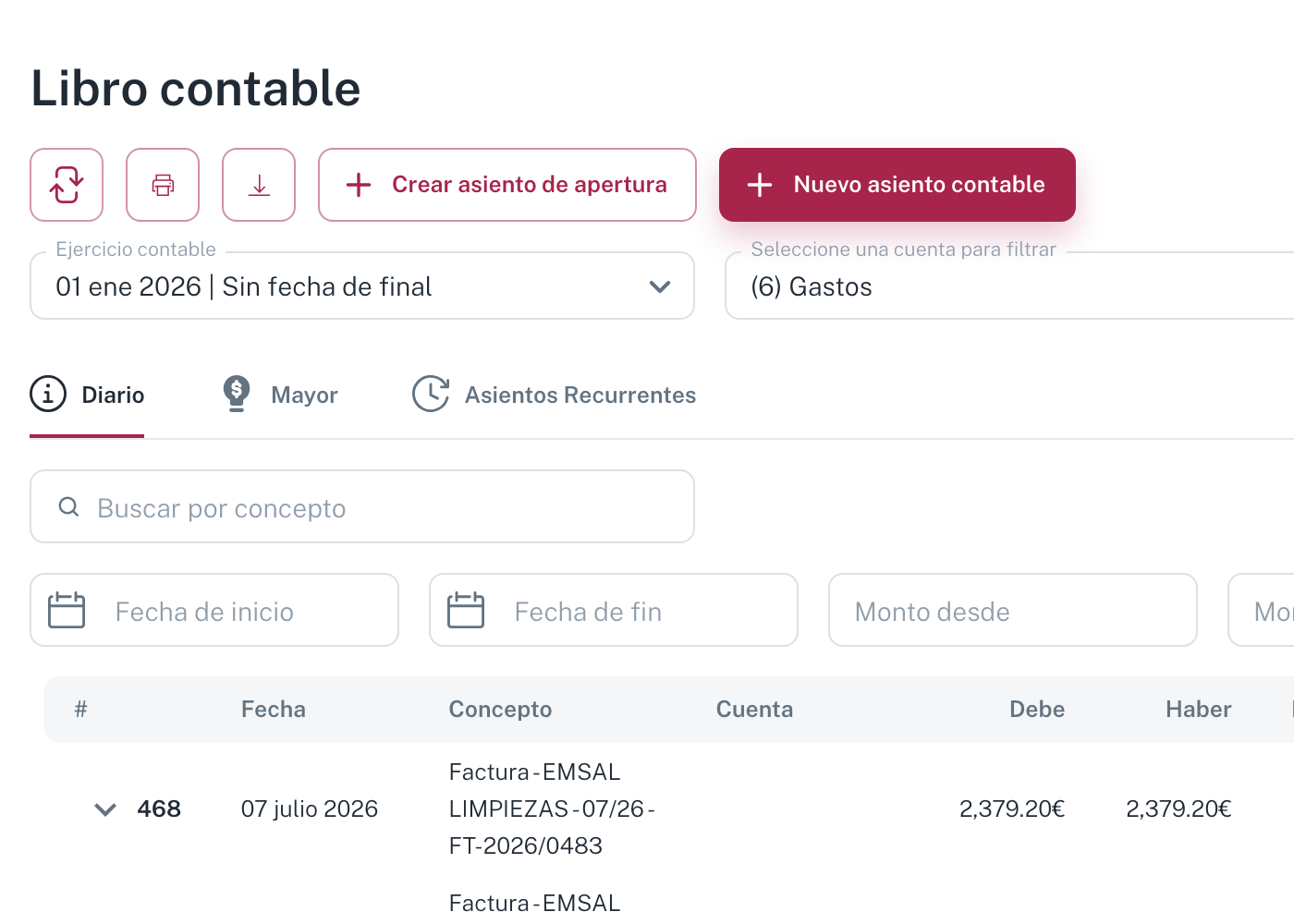 La pestaña Diario, con el buscador por concepto y los filtros de fecha e importe