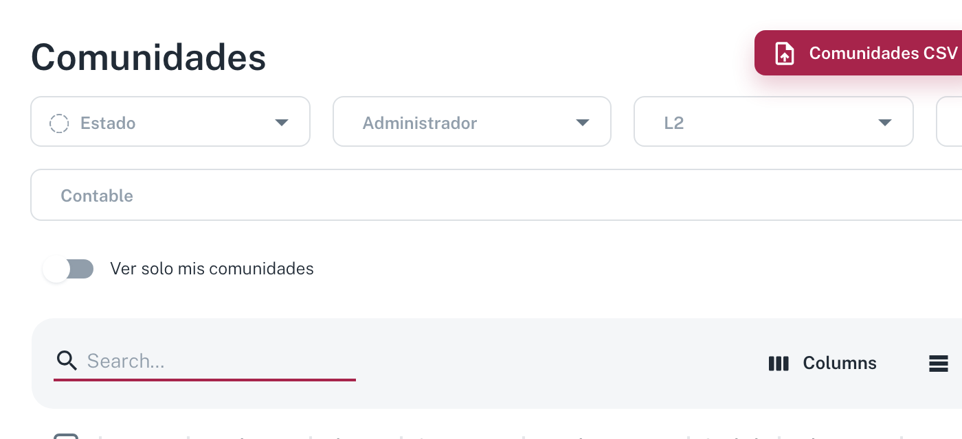 El listado de comunidades, con los filtros arriba, el interruptor "Ver solo mis comunidades" y el buscador