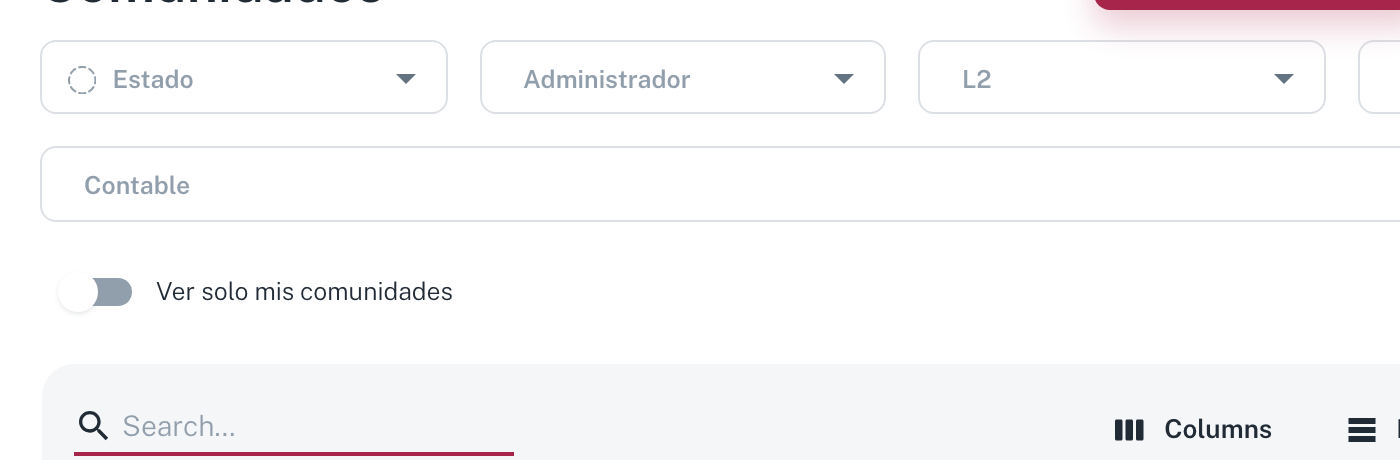 Los filtros del listado: Estado, Administrador, Gestor de comunidad, Facturador y Contable