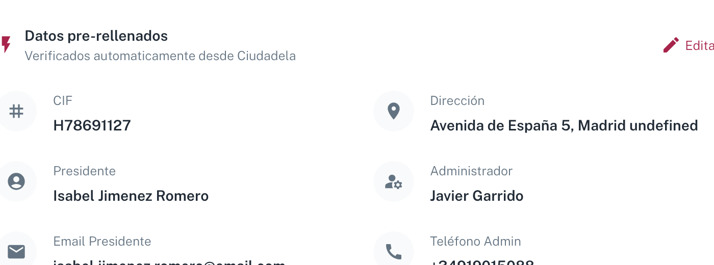 La sección Datos pre-rellenados con CIF, dirección, presidente, administrador, correo del presidente y teléfono