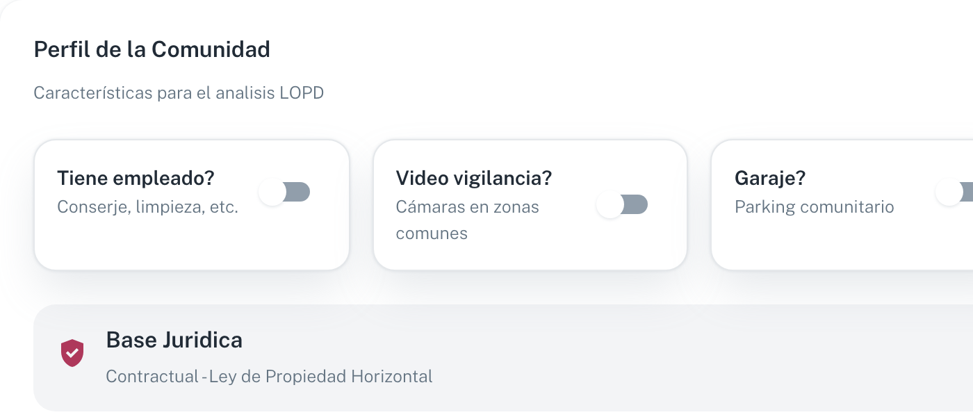 La sección Perfil de la Comunidad con los interruptores ¿Tiene empleado?, ¿Vídeo vigilancia? y ¿Garaje?, y la base jurídica