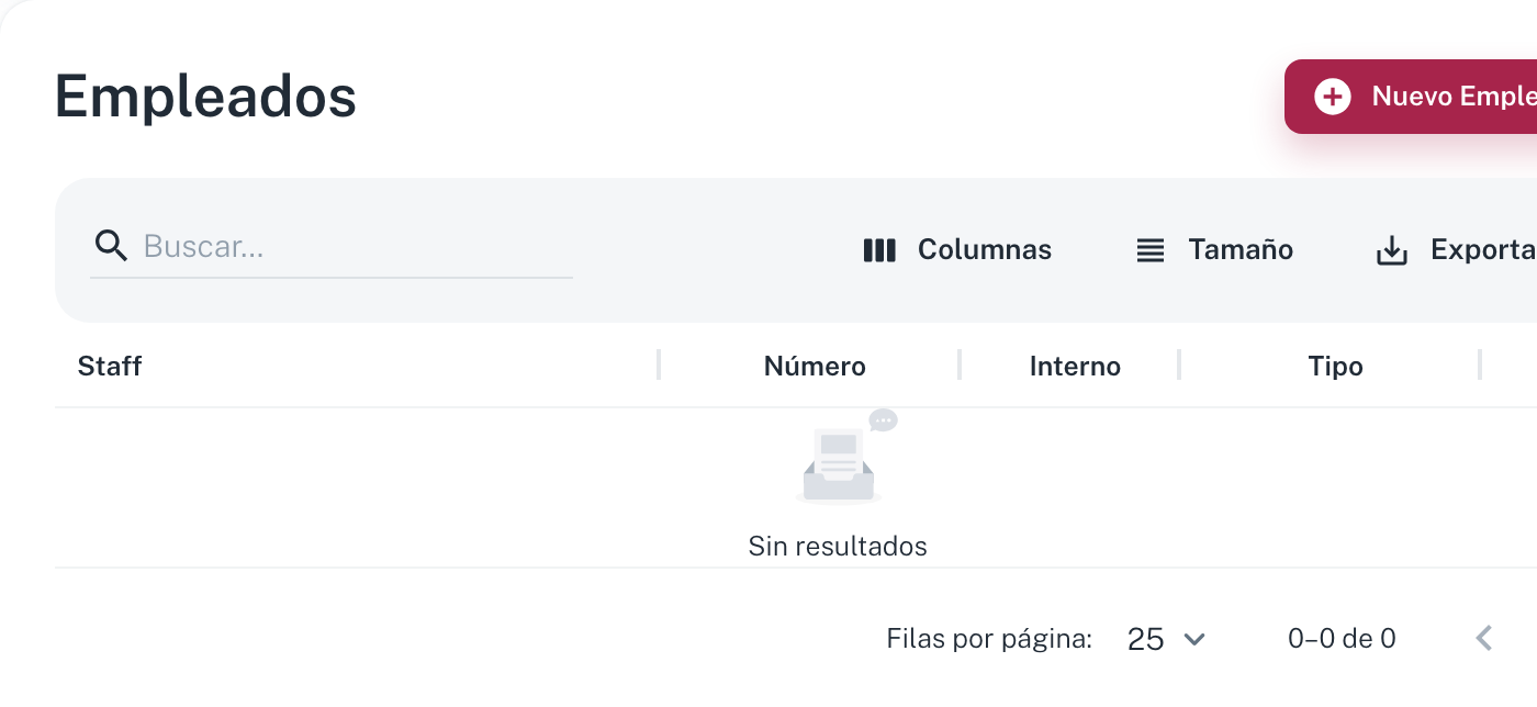 La sección Empleados con el botón Nuevo Empleado y la tabla Staff, Número, Interno y Tipo