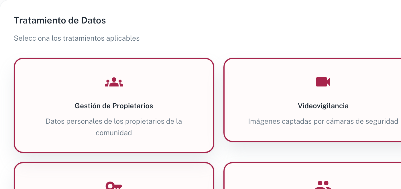 La sección Tratamiento de Datos con las cuatro tarjetas: Gestión de Propietarios, Videovigilancia, Control de Accesos y Control Laboral
