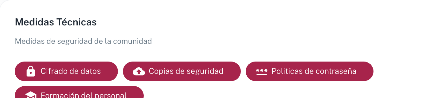 La sección Medidas Técnicas con las etiquetas Cifrado de datos, Copias de seguridad, Políticas de contraseña y Formación del personal