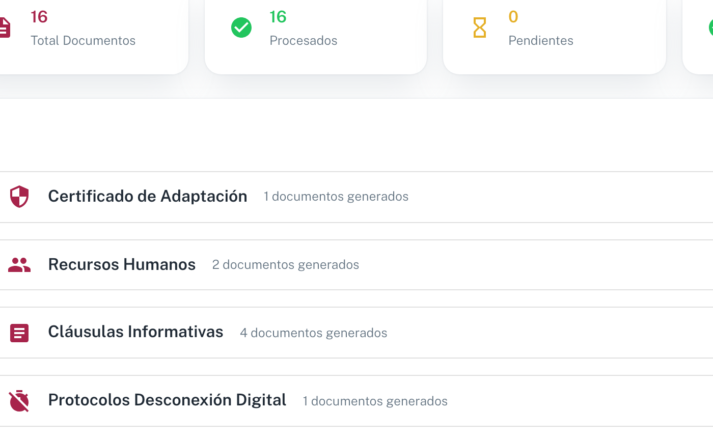 La pestaña Documentos con los contadores Total Documentos, Procesados, Pendientes y Completado, el botón Descargar Todo y los grupos de documentos