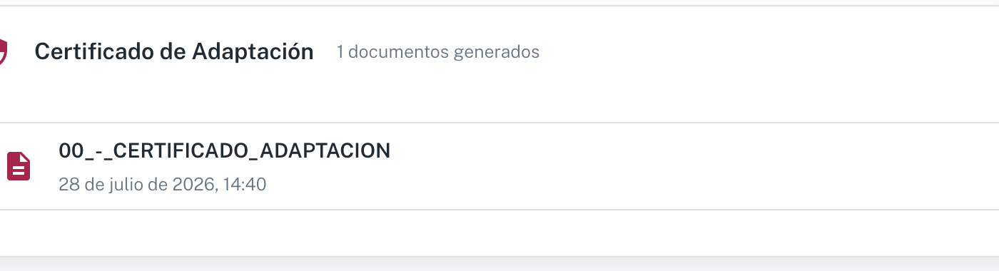 El grupo Certificado de Adaptación desplegado, con el documento y su fecha de generación