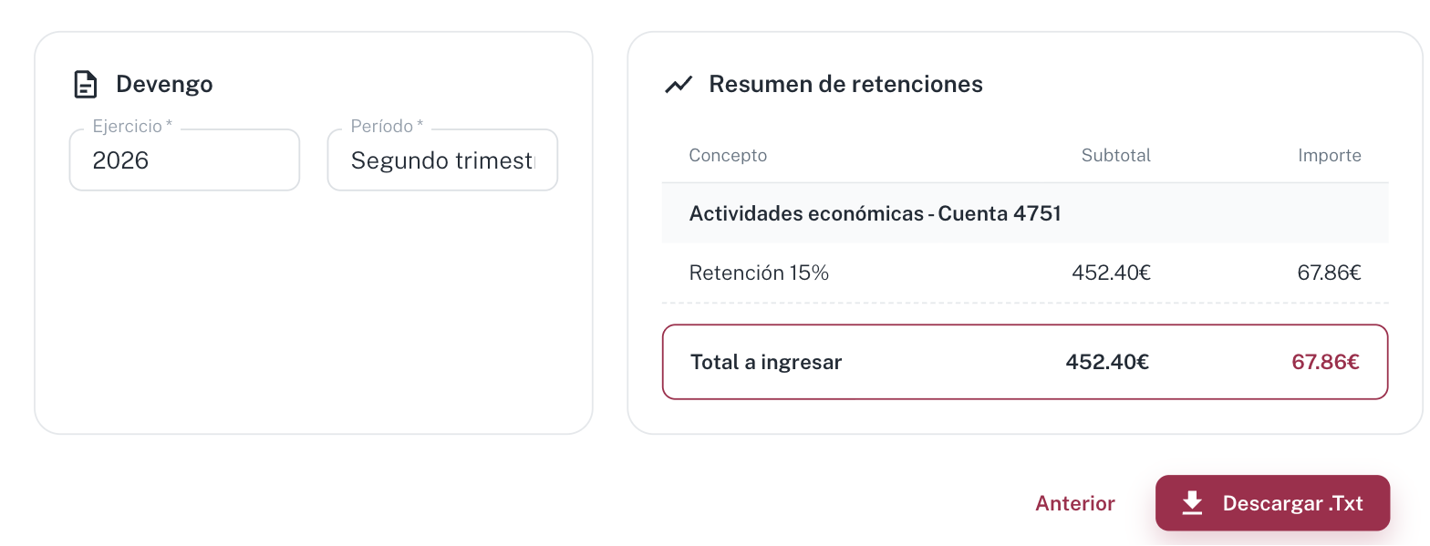 El resumen: el periodo a la izquierda y, a la derecha, las retenciones agrupadas por concepto con el total a ingresar