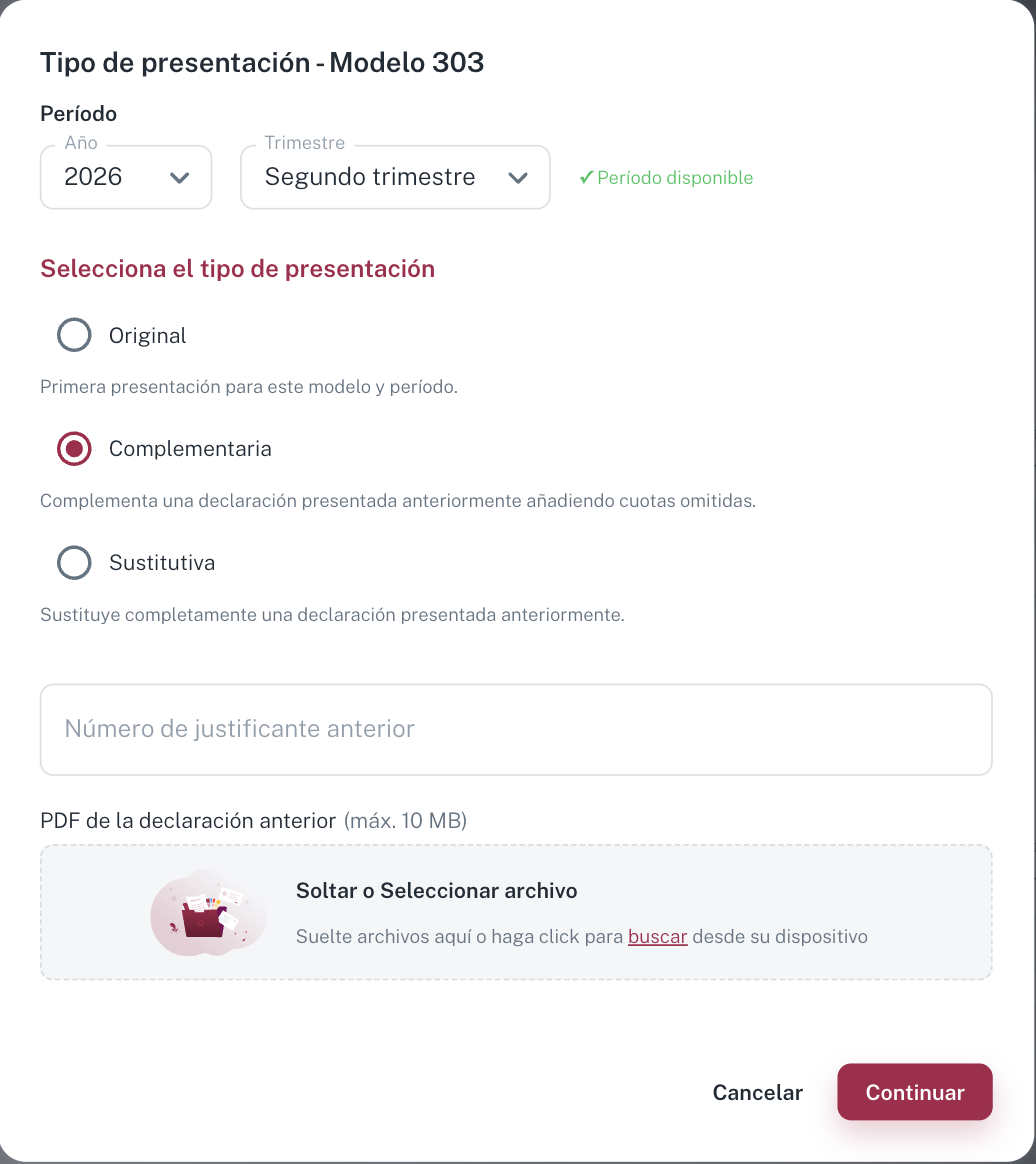 Al elegir Complementaria aparecen el número de justificante anterior y la subida del PDF