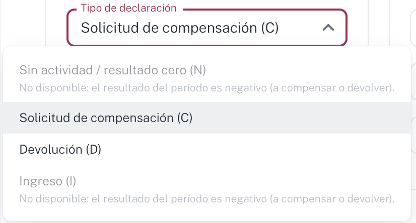 Con resultado negativo solo se pueden elegir Compensación o Devolución; Sin actividad e Ingreso explican por qué no están disponibles