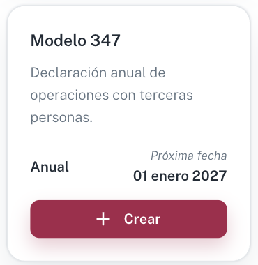 La tarjeta del Modelo 347: anual, con la próxima fecha de presentación y el botón Crear