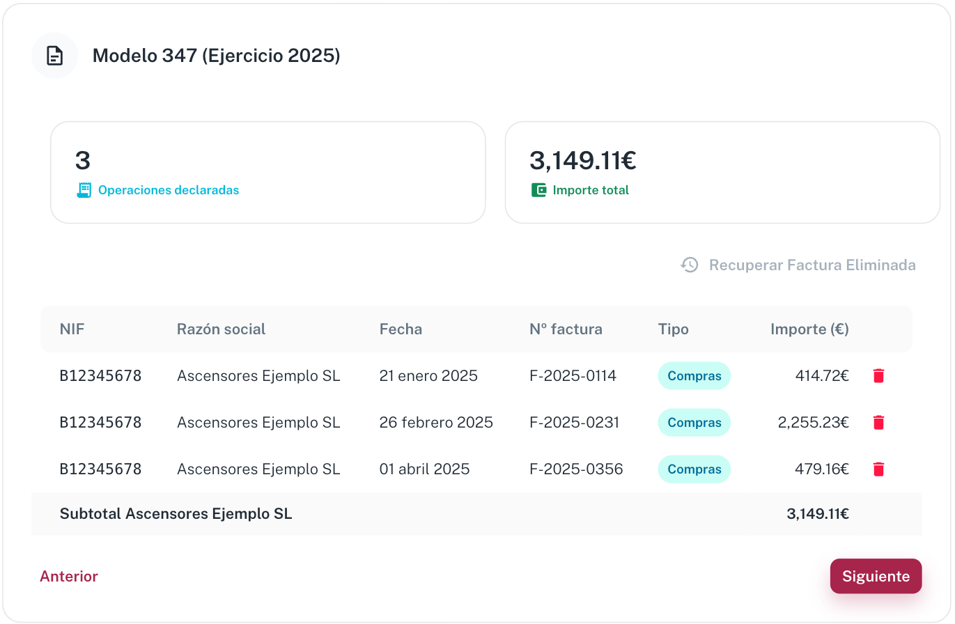 El paso de revisión: las facturas del proveedor agrupadas, con su subtotal por encima de 3.005,06 €