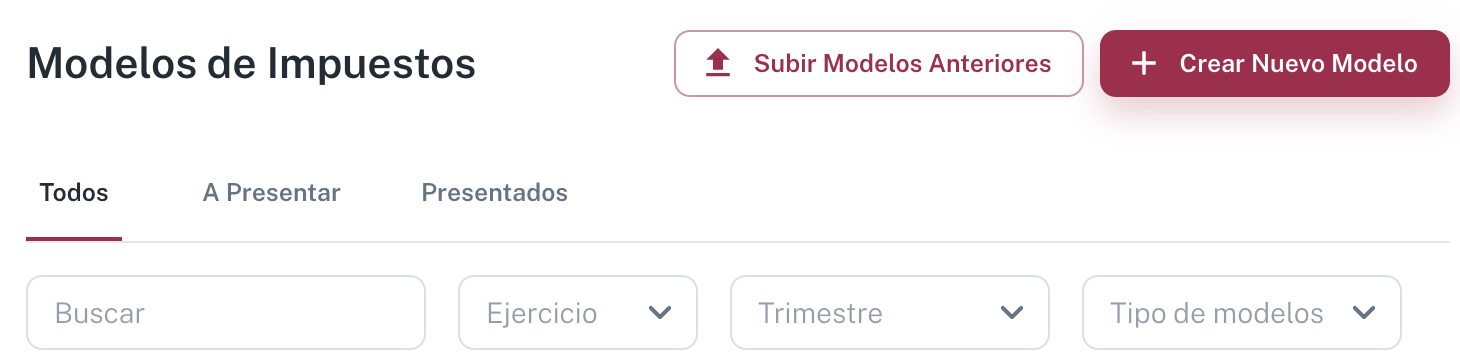 Crear Nuevo Modelo está arriba a la derecha de Modelos de Impuestos, junto a Subir Modelos Anteriores