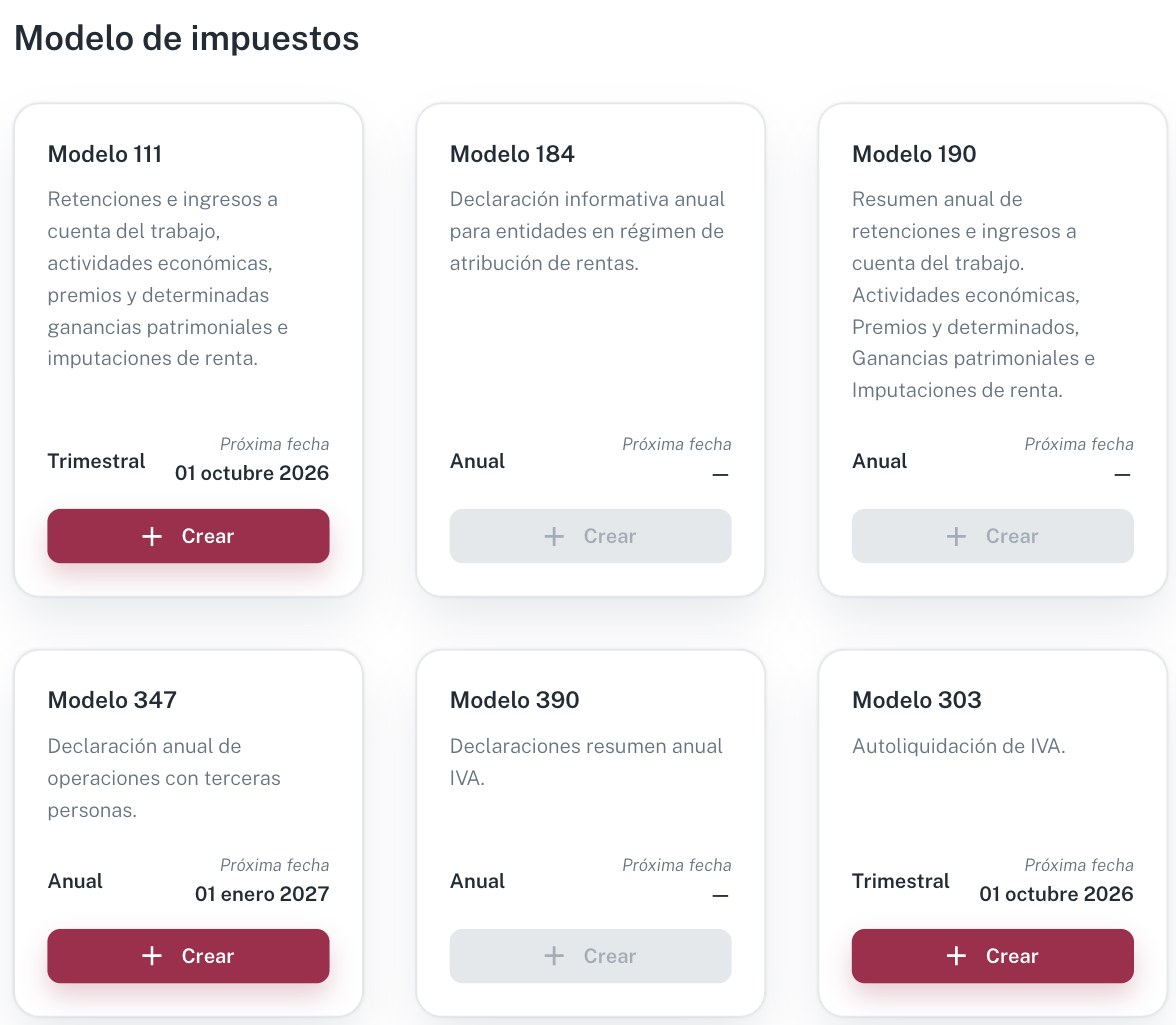 Las tarjetas de los modelos que Ciudadela calcula tienen el botón Crear activo; las de los que todavía no calcula, en gris