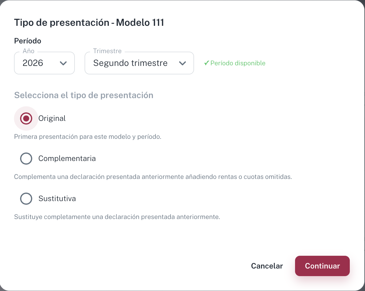 El diálogo de tipo de presentación: periodo arriba, tipo de presentación debajo