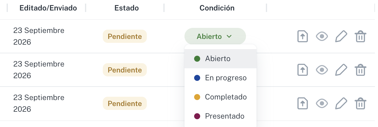 La columna Condición es un desplegable; a la derecha, los iconos de cada fila