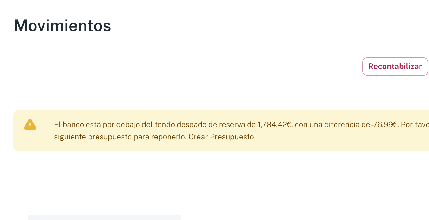 La pantalla de Movimientos, con los avisos de arriba y los botones de recontabilizar y fecha de cuadre