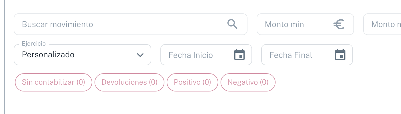 Los filtros de movimientos, con los contadores de sin contabilizar, devoluciones, positivo y negativo