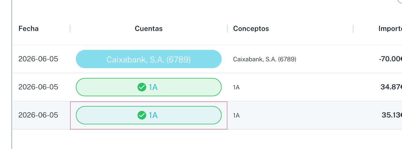 Dos movimientos seleccionados, con su etiqueta marcada y el contador a dos