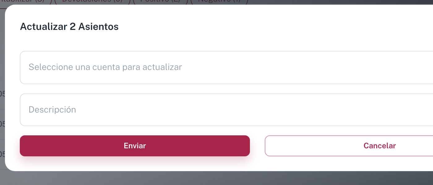 El diálogo de actualizar asientos, con el selector de cuenta y la descripción