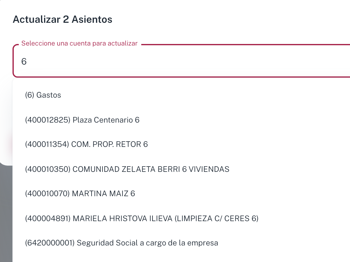 El selector de cuenta, con cuentas de gasto, de proveedor y de personal