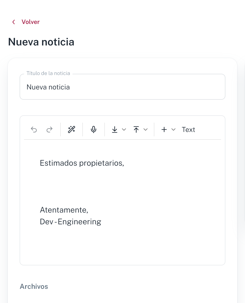 La columna del editor de una noticia nueva, con el título y el cuerpo