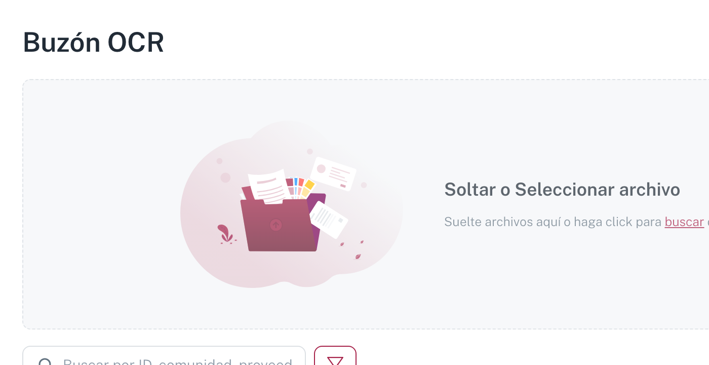 El buzón OCR de una comunidad, con la zona para soltar archivos y los filtros