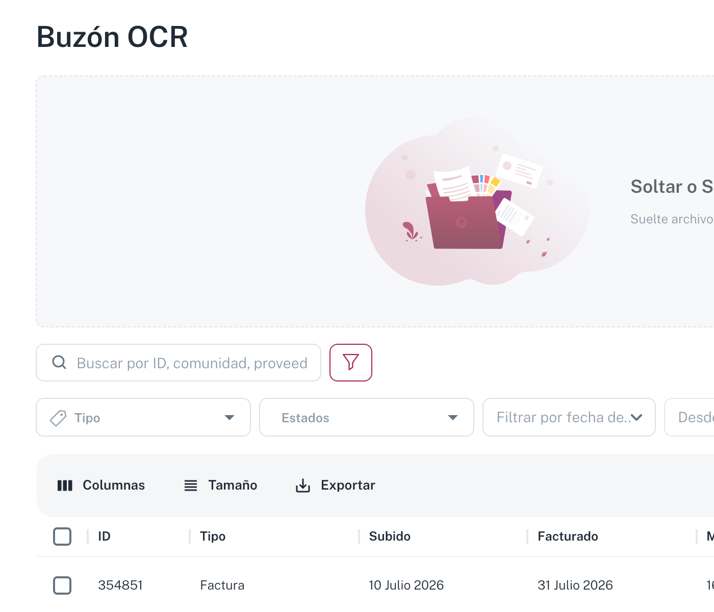 El Buzón OCR: zona para soltar archivos arriba, los filtros y la tabla con los iconos de acción por fila