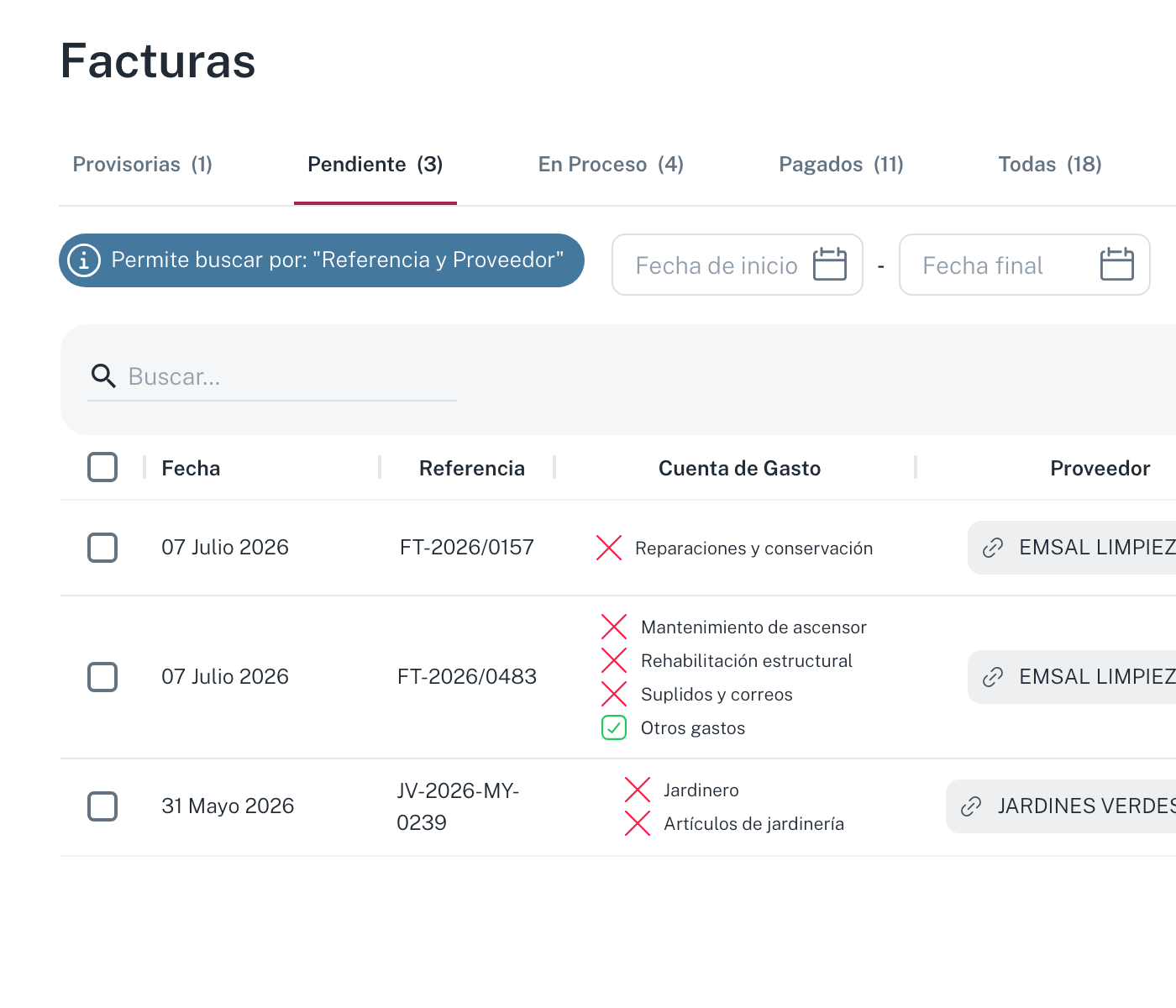 La pantalla de Facturas con sus pestañas de estado y los iconos de acción por fila