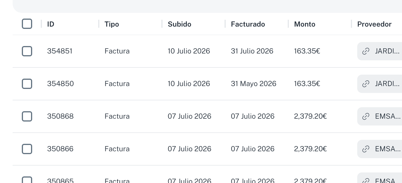 La tabla del buzón, con ID, tipo, fechas de subida y factura, monto, proveedor y estado