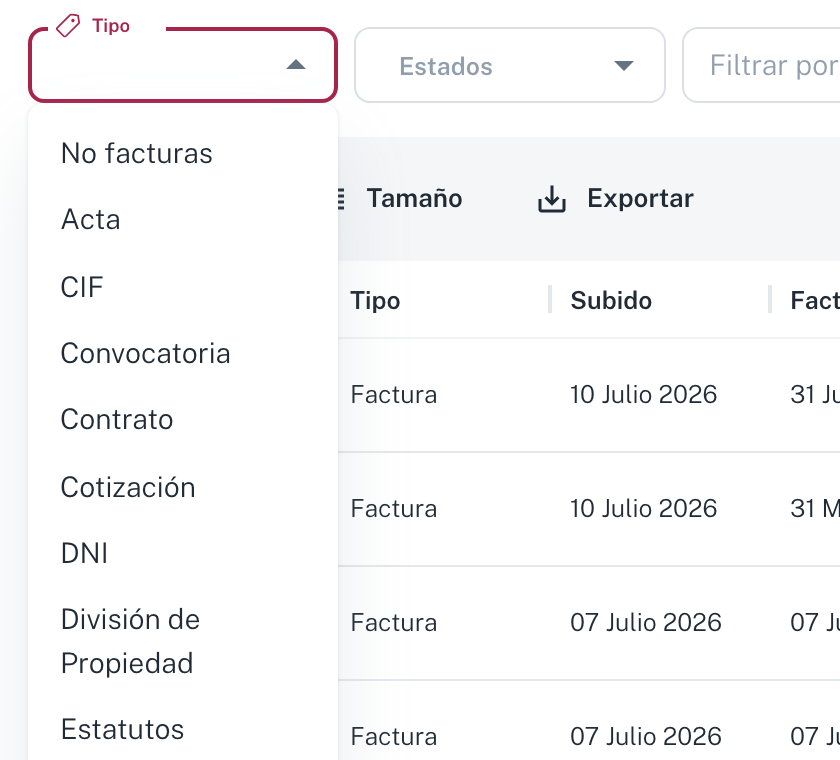 El desplegable de tipos, con acta, CIF, convocatoria, contrato, cotización, DNI, división de propiedad, estatutos y factura