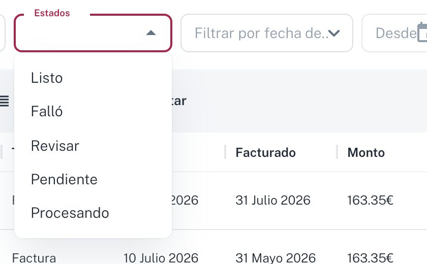 El desplegable de estados: Listo, Falló, Revisar, Pendiente y Procesando