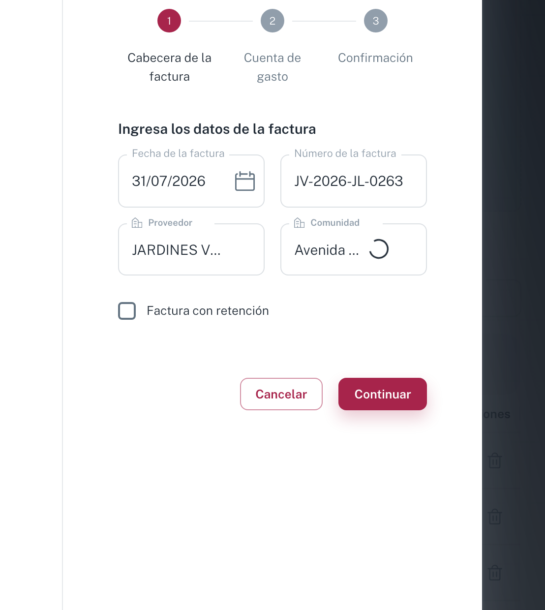 El asistente de tres pasos que abre el ojo del Buzón: Cabecera de la factura, Cuenta de gasto y Confirmación