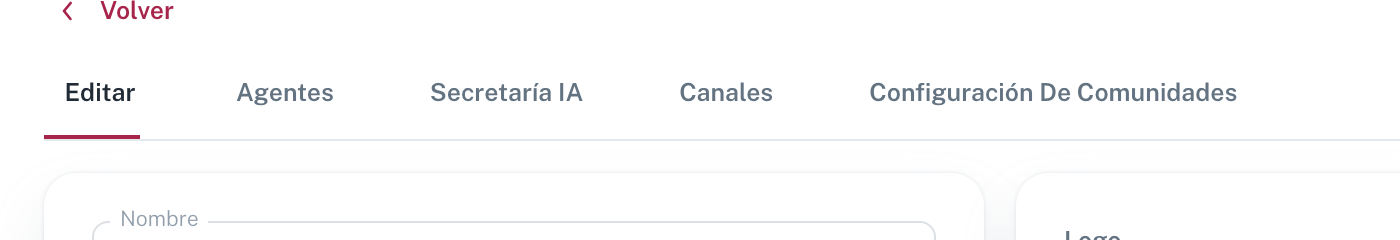 Las pestañas de una oficina: Editar, Agentes, Canales, Plantillas y Configuración De Comunidades