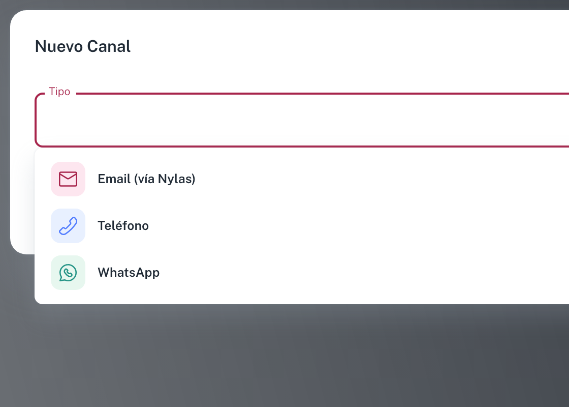 El diálogo de nuevo canal, con los tipos Email (vía Nylas) y WhatsApp