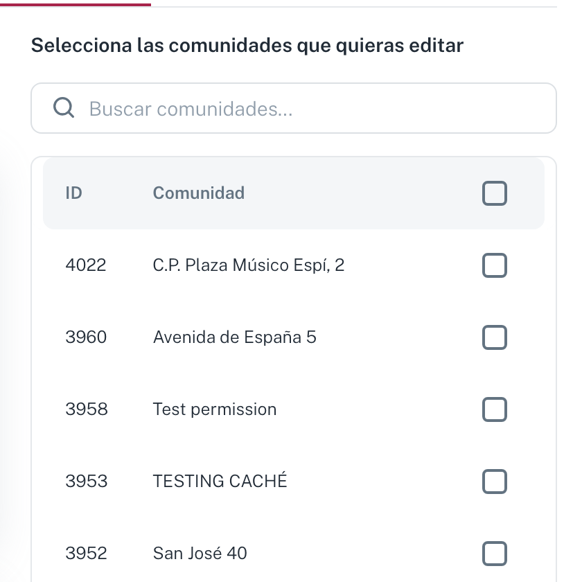 El selector de comunidades de la oficina, con el buscador y las casillas