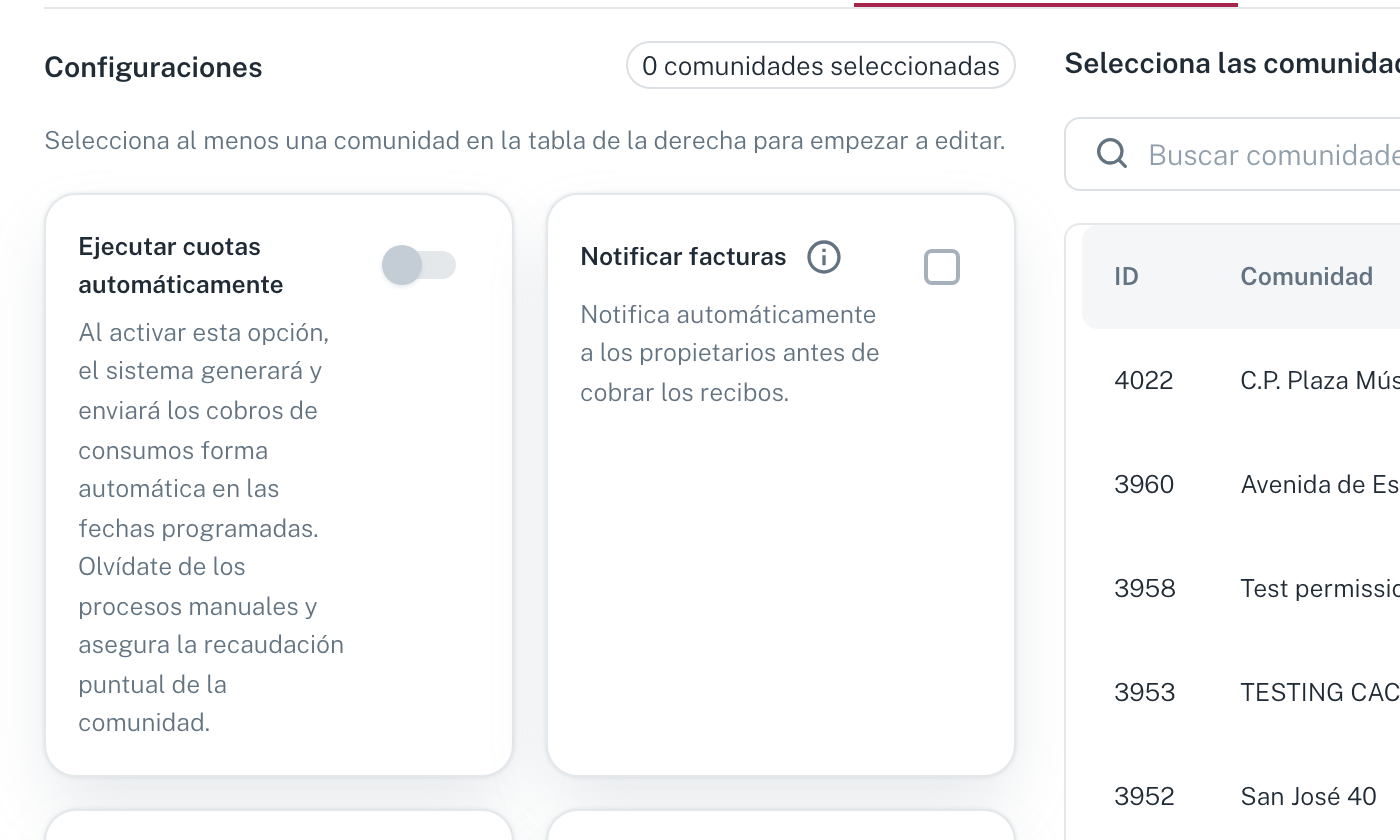 Los ajustes de configuración de comunidades, con sus interruptores
