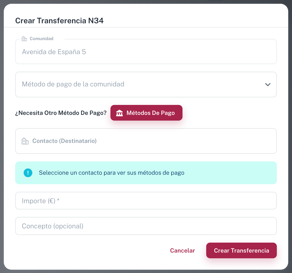 La ventana Crear Transferencia N34, con el método de pago de la comunidad, el destinatario y el importe