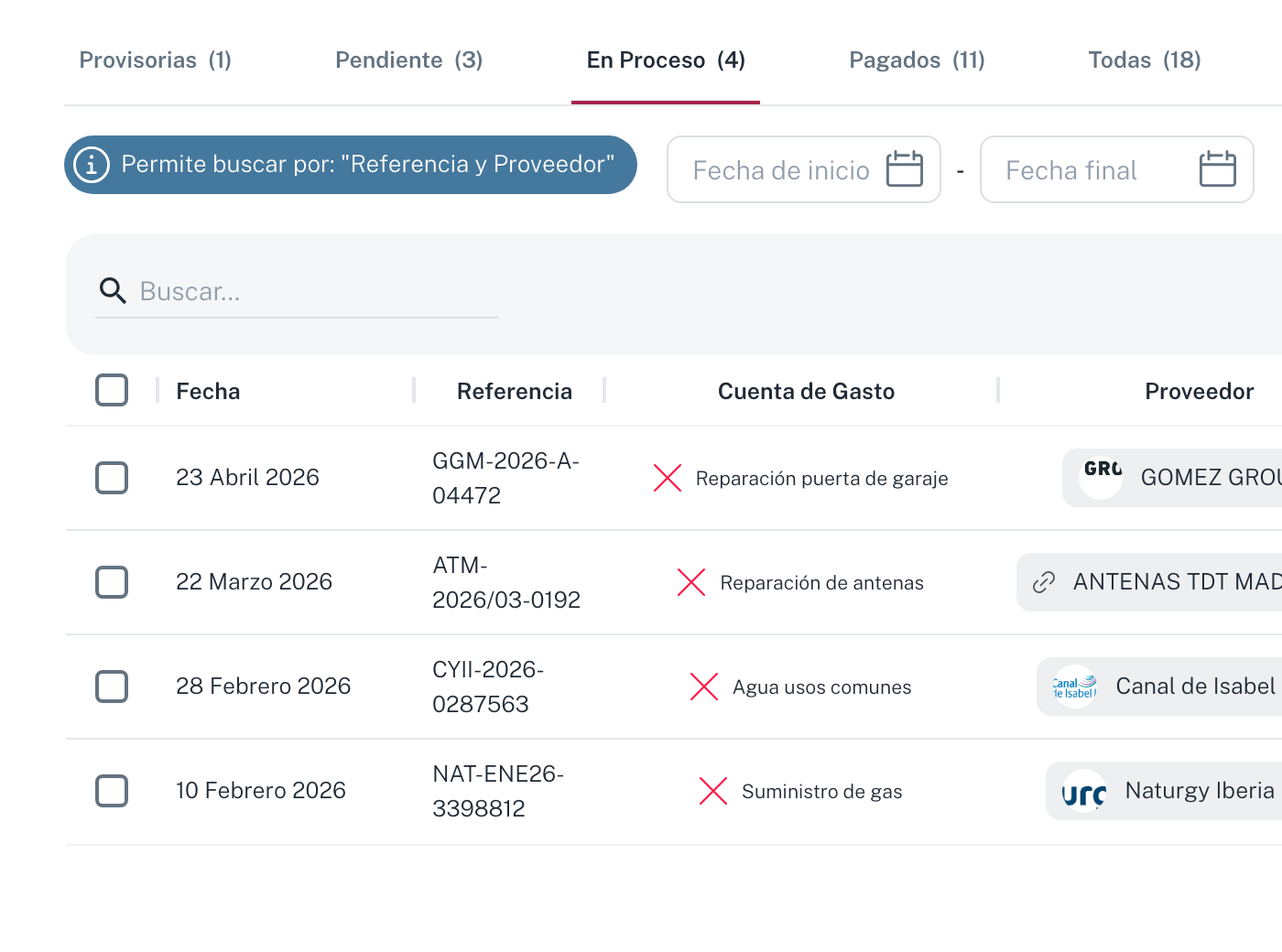 Las cinco pestañas de Facturas con En Proceso activa: cada una lleva su contador entre paréntesis