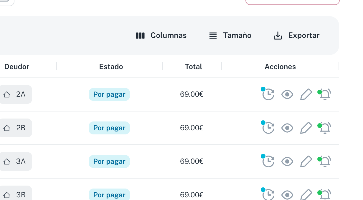 La fila del recibo en Ingresos: la etiqueta de Estado, el Total y los cuatro iconos de la columna Acciones